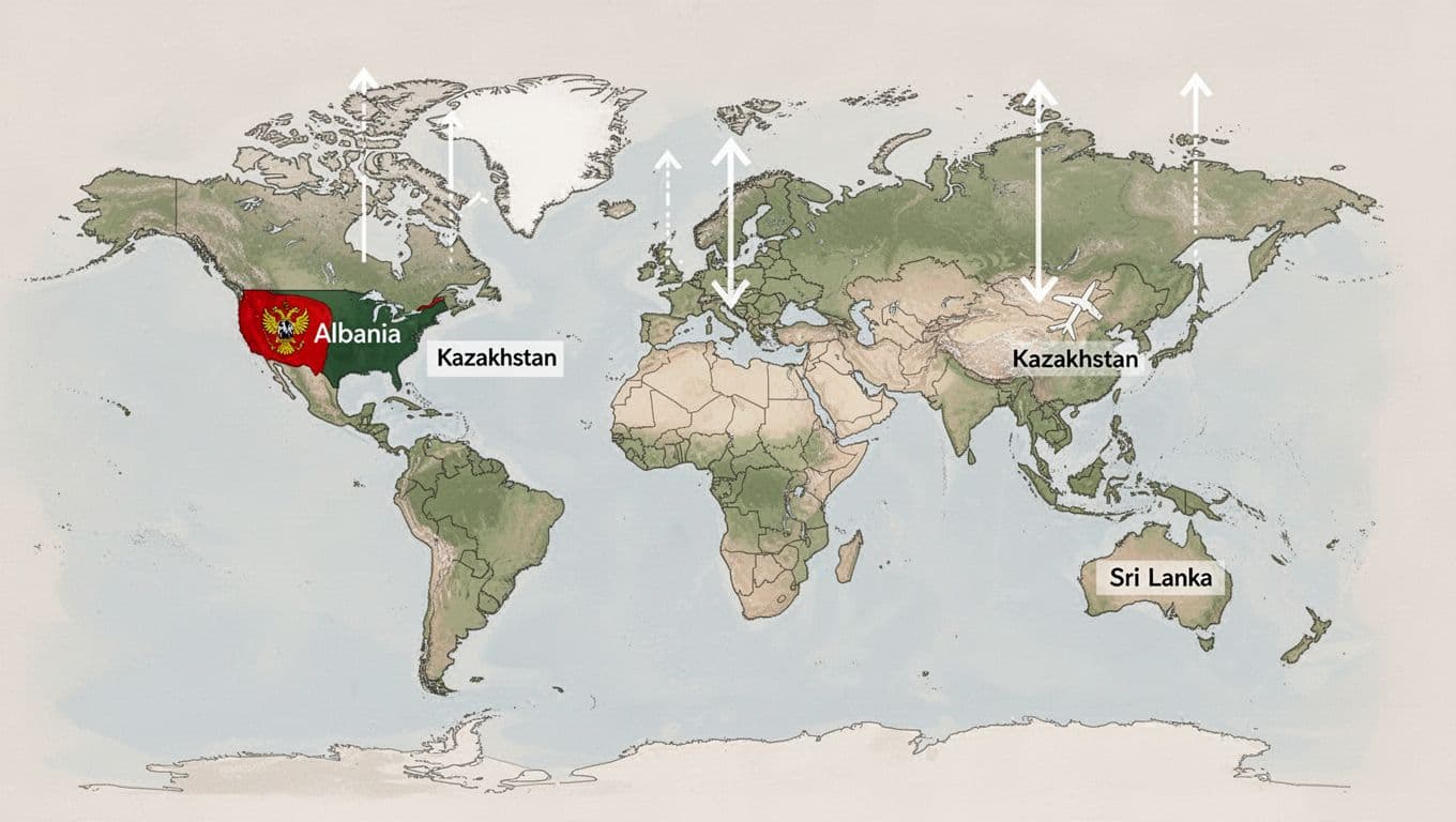Modern illustration of a world map highlighting emerging travel spots like Albania, Kazakhstan, and Sri Lanka with subtle rising arrows or icons, using clean lines on a neutral background.