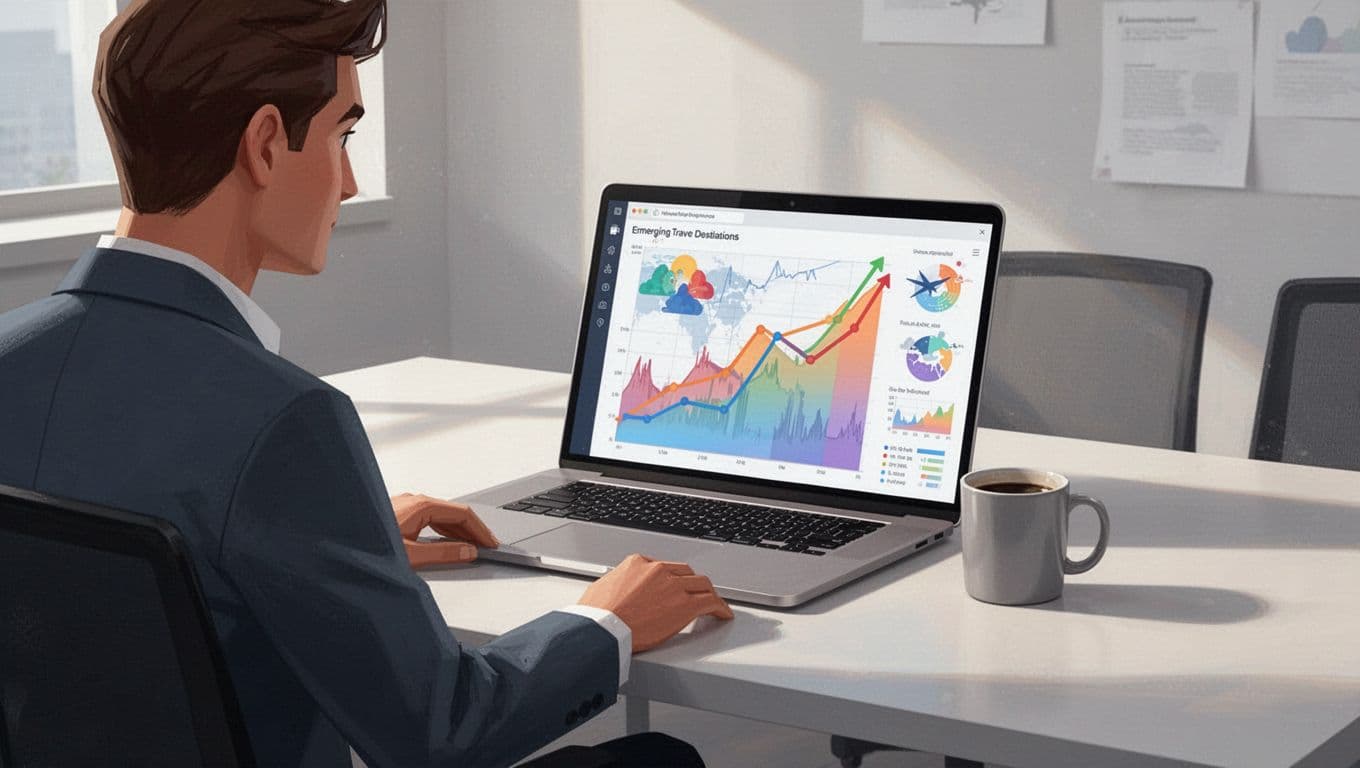 Modern illustration of a laptop screen displaying the Exploding Topics dashboard with rising trend graphs for emerging travel destinations like Albania and Kazakhstan. A single person views the screen from a side angle in a clean office setting with a coffee mug on the desk.