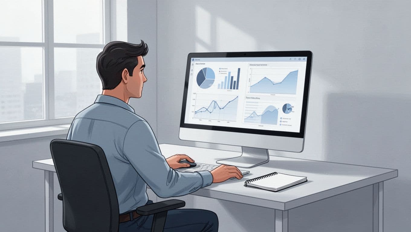 Modern illustration of an engineer in a home office viewing analytics charts for feature flag performance metrics on a computer screen, front angle with hand on mouse, clean shapes, light blue background, cool palette.
