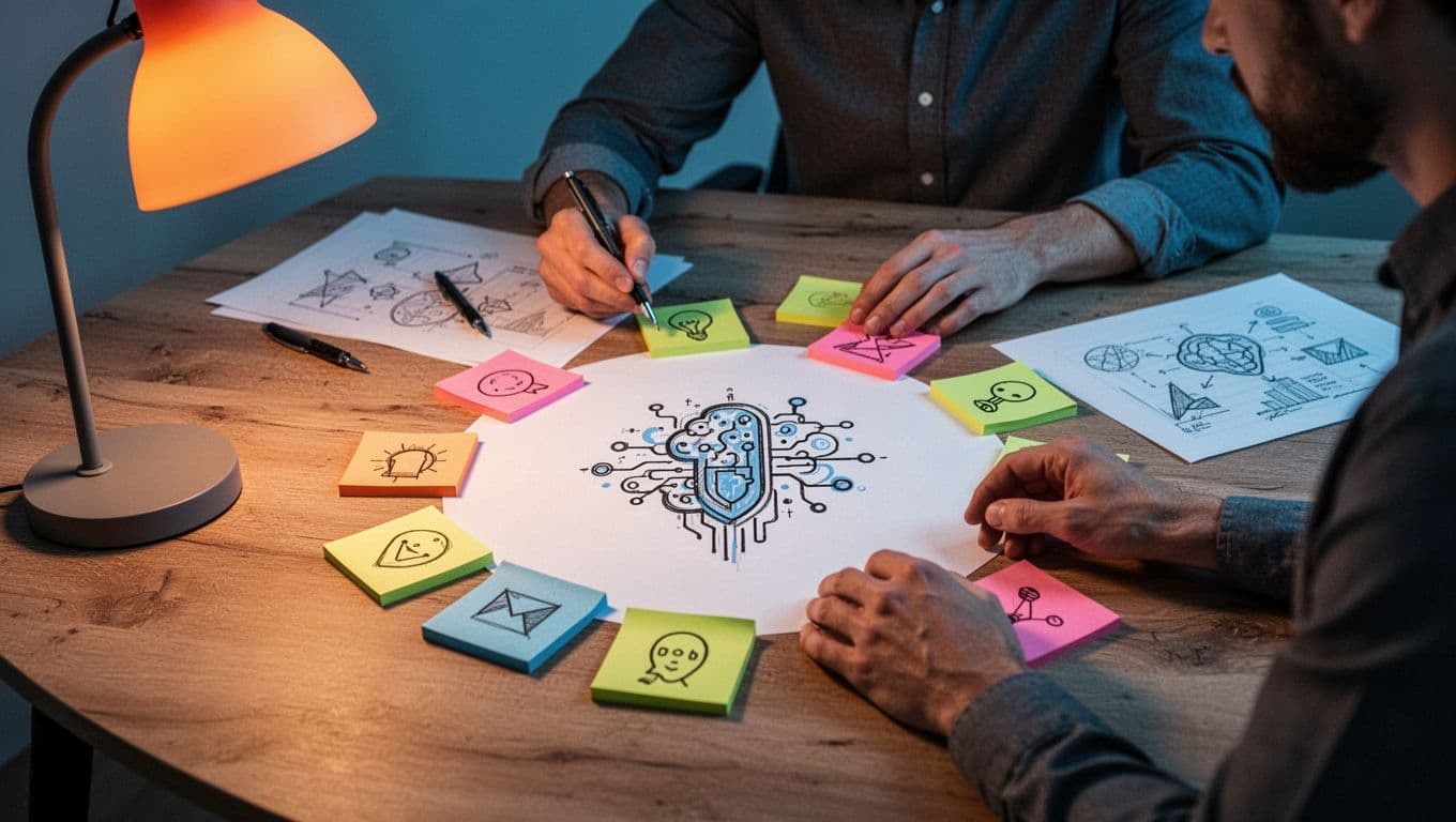 Modern illustration of an entrepreneur at a wooden table under warm lamp light, brainstorming with sticky notes listing AI cybersecurity trends around a central placeholder, in focused pose with clean shapes and controlled orange-blue tones.
