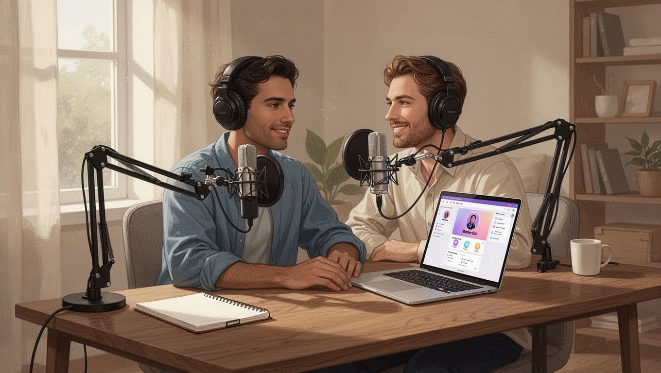 Modern illustration of an entrepreneur in a cozy home office recording a business podcast with microphone, laptop dashboard, headphones, and notebook under soft natural light.