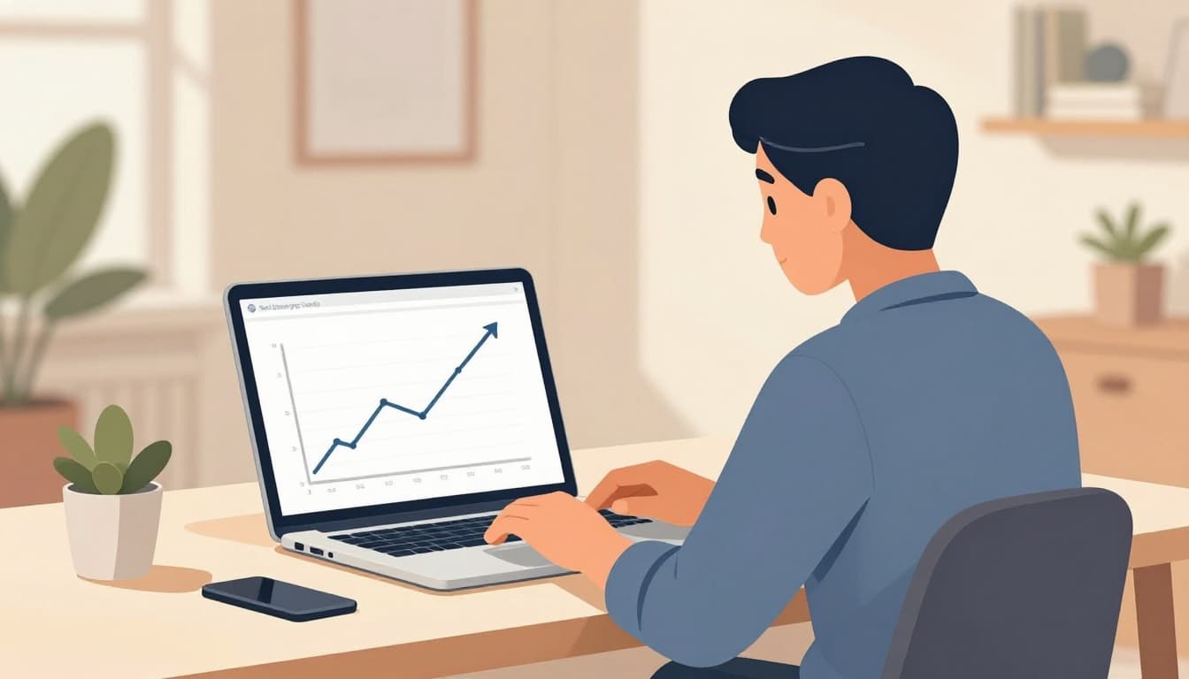 Modern illustration of an entrepreneur sitting at a modern desk in a quiet home office, focused on a laptop screen displaying an abstract rising trend graph representing emerging market opportunities, with clean shapes, controlled colors, strong composition, and warm lighting.