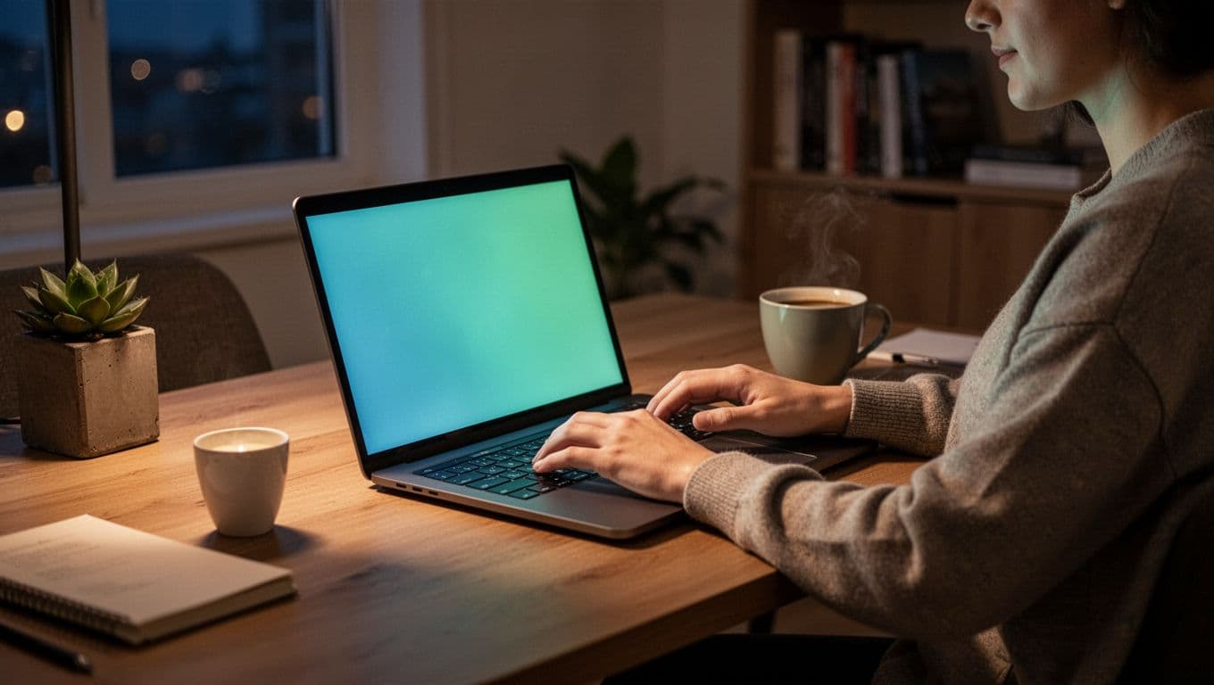 Modern illustration showing a person typing a personalized cold email to a startup founder in a cozy home office at evening, with one laptop, coffee cup, relaxed hands on keyboard, screen glow, soft ambient lighting in blue-green tones, clean lines.