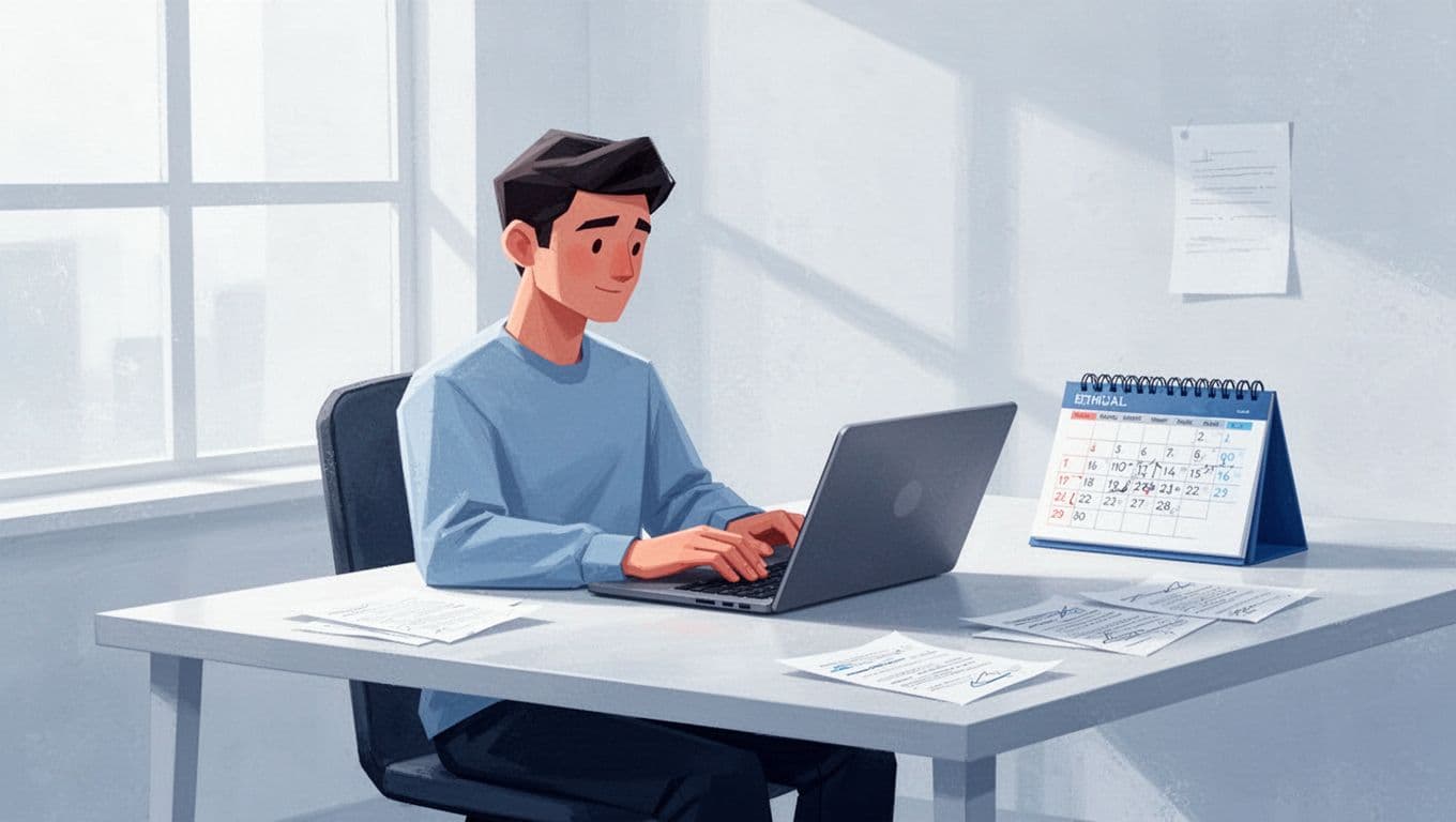 Modern illustration featuring clean shapes and a blue-white palette, showing a person in a relaxed pose thoughtfully typing a personalized email on a laptop to a dental office, with calendar and notes nearby.