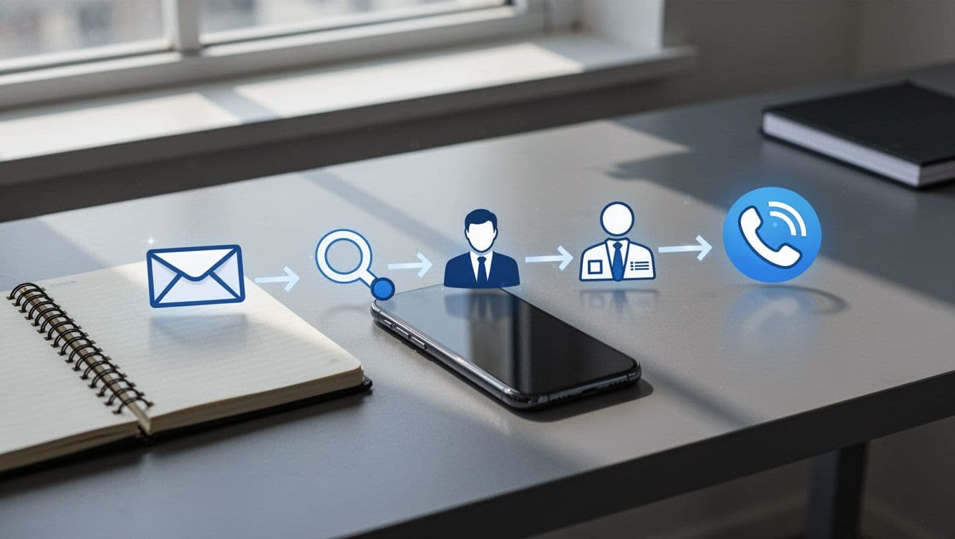 Modern illustration of ethical phone sourcing process in flowchart style, featuring icons for Hunter.io email find, LinkedIn verify, and company directory check leading to a phone icon, set on a simple desk background with notebook and phone using controlled blues and grays.