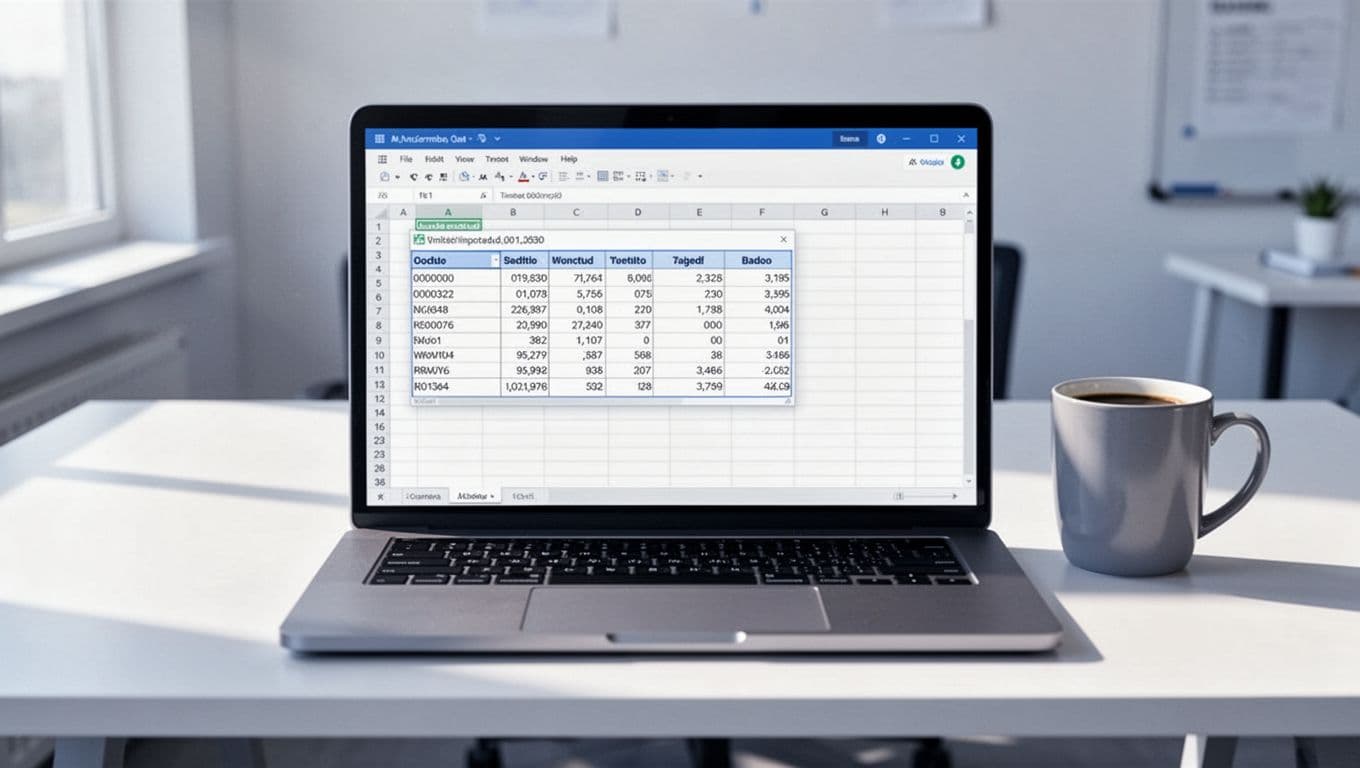Clean office desk scene featuring a laptop open to Microsoft Excel's Power Query editor previewing a data table imported from a PDF file, with a coffee mug nearby.
