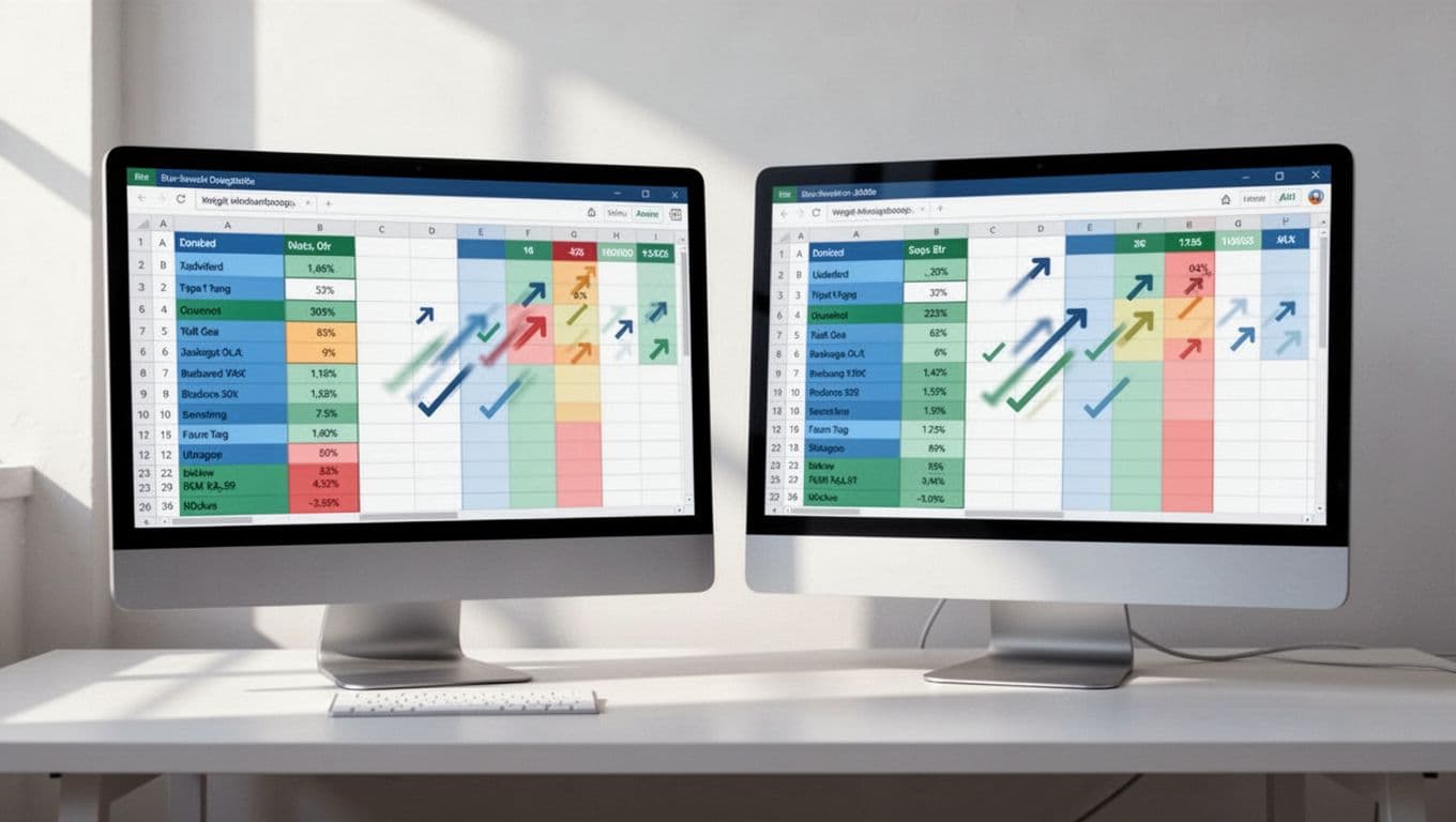 Modern clean illustration of side-by-side Excel and Google Sheets icons with sorting arrows organizing large dataset columns on a desk setup with two screens, using a controlled blue-green palette.