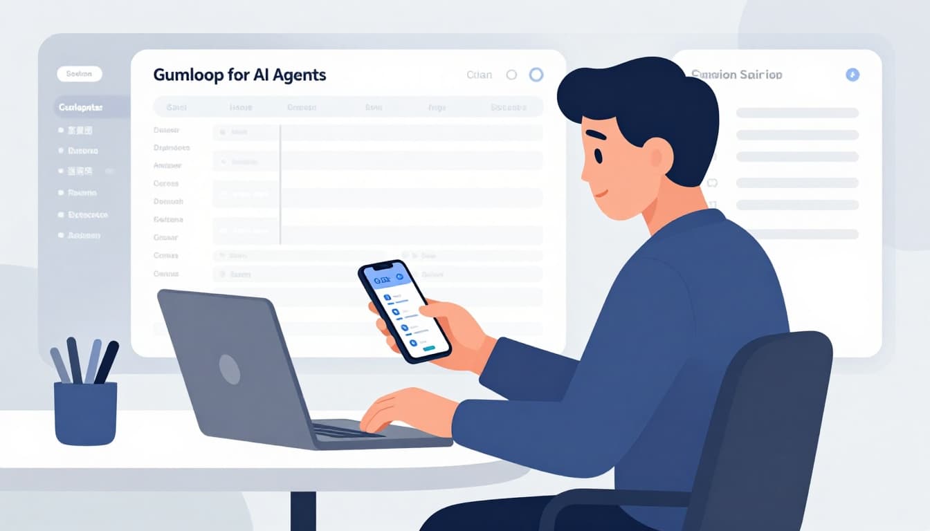 Modern illustration in blues and grays with clean lines: an executive assistant at a desk glances relaxed at a phone notification from automated calendar sync, laptop open to workflow dashboard in background, natural lighting.