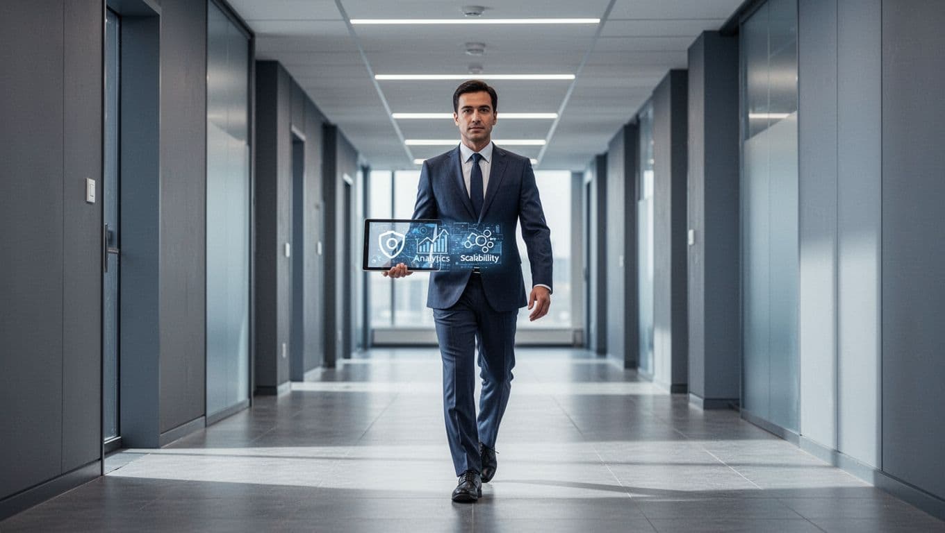 Business professional strides in corporate hallway holding tablet with security lock, analytics graph, and scalability arrows icons.