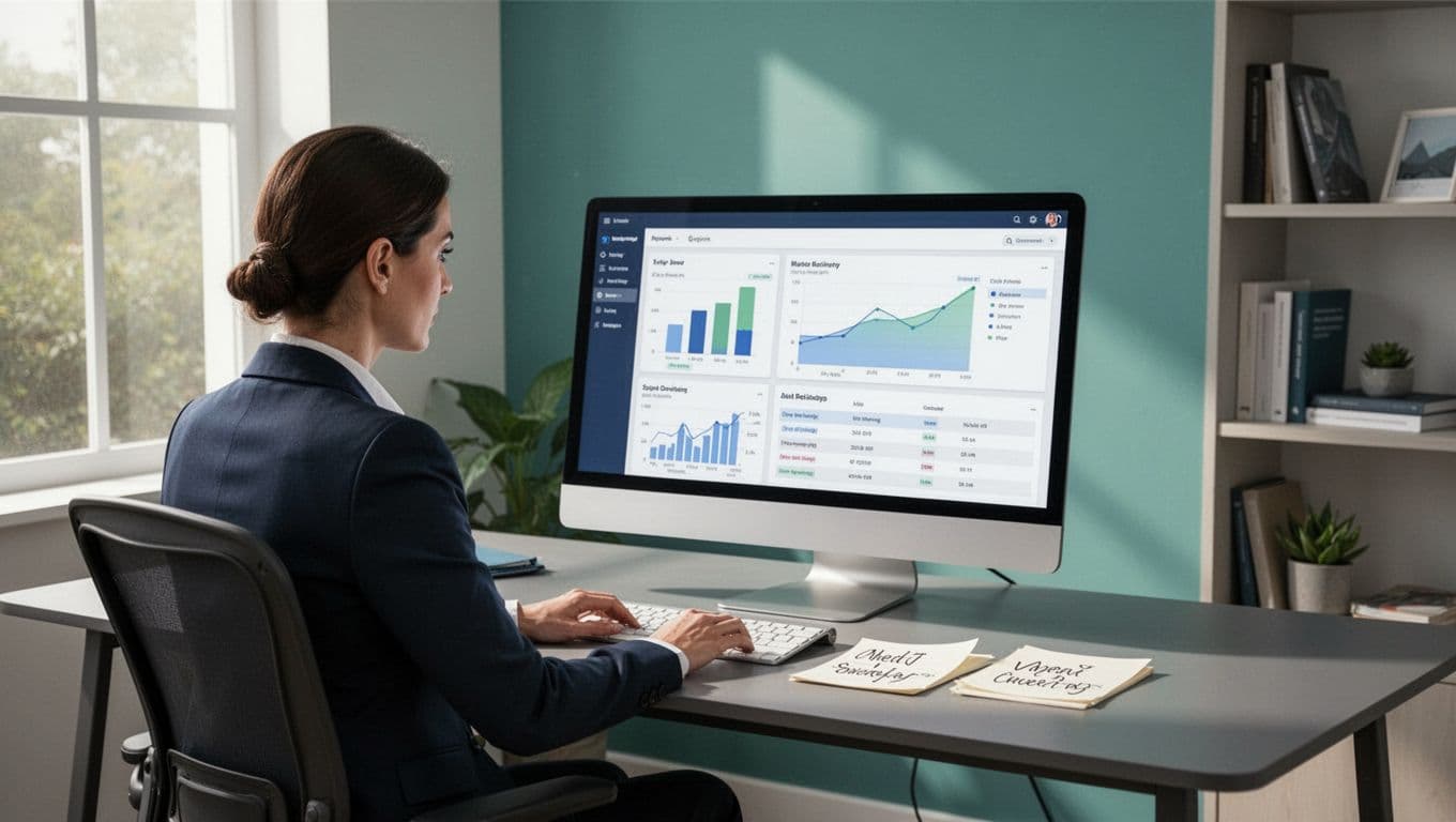 Modern illustration of an executive search recruiter reviewing an analytics dashboard on a desktop monitor displaying pipeline metrics and client project reports in a home office setup with natural light.