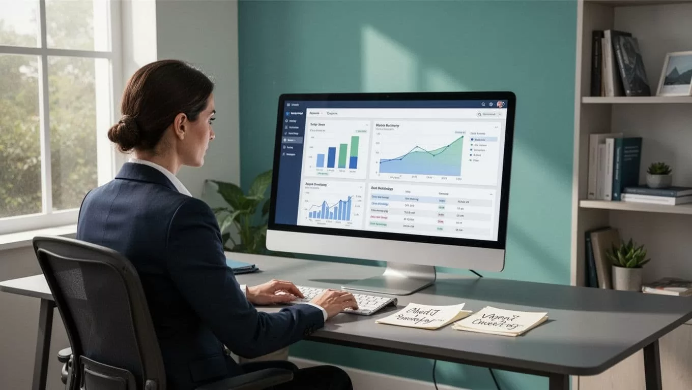 Modern illustration of an executive search recruiter reviewing an analytics dashboard on a desktop monitor displaying pipeline metrics and client project reports in a home office setup with natural light.