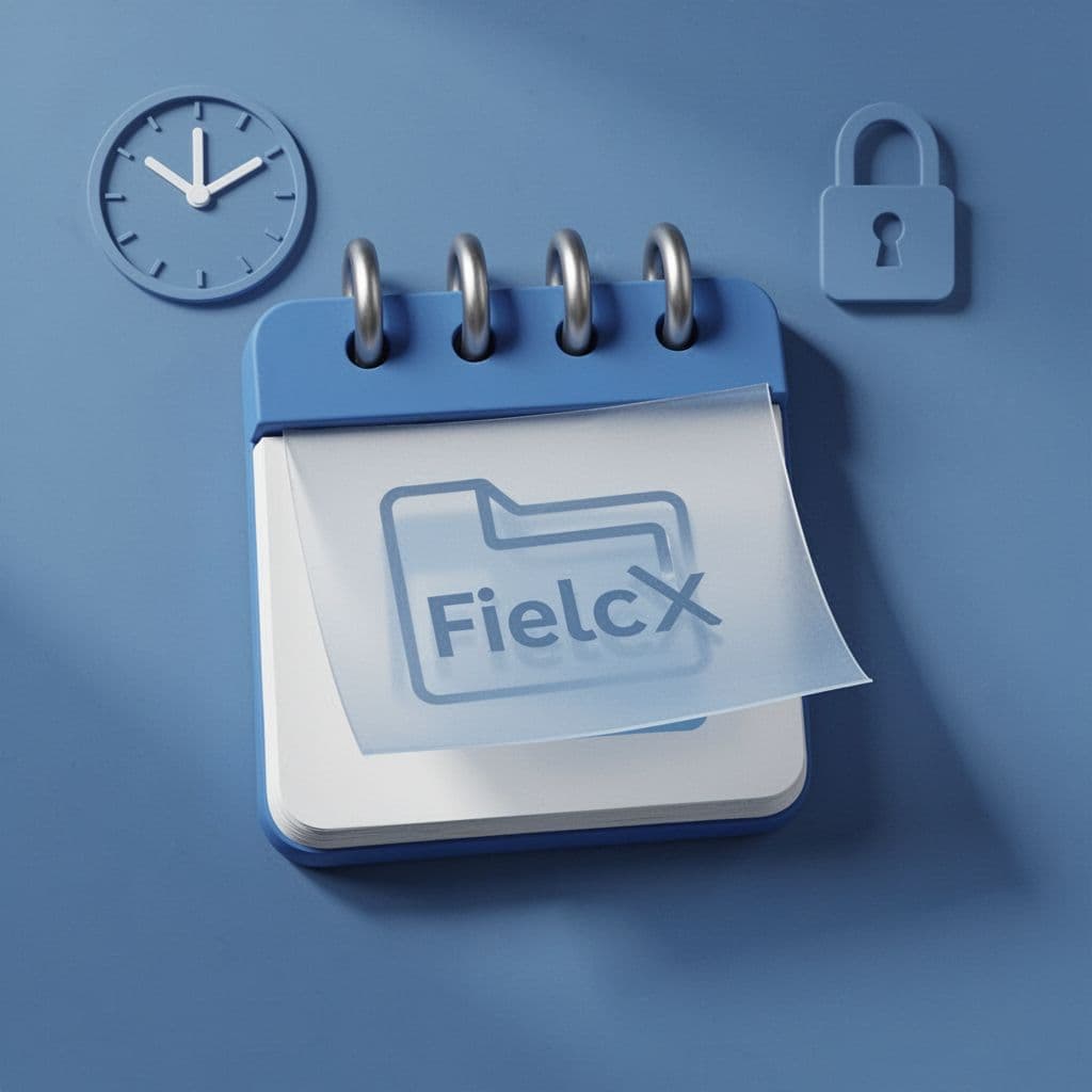 Modern illustration in clean shapes showing a calendar icon with a shared file link fading after expiration date, accompanied by a clock and secure lock on a simple background.