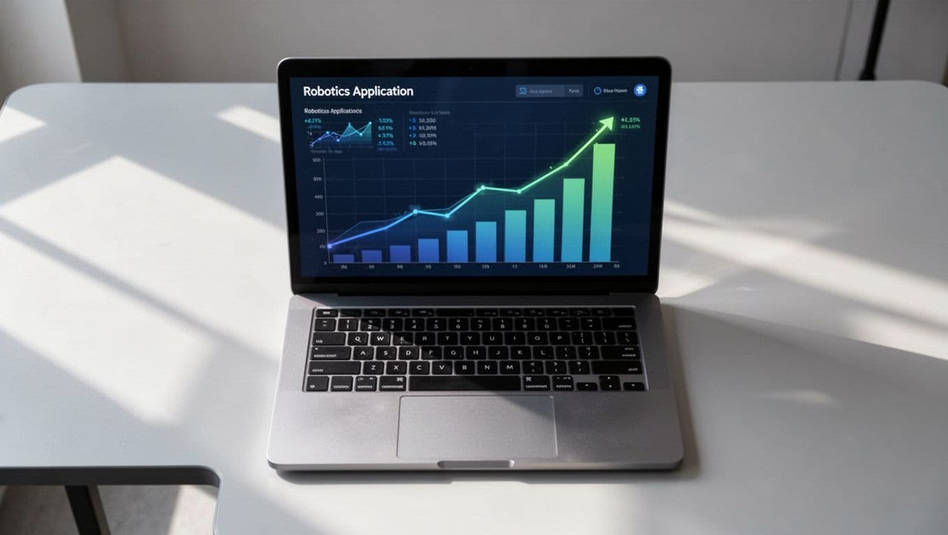 Modern illustration of a laptop dashboard showing sharply rising search trends for robotics applications, with clean blue and green charts viewed from above.