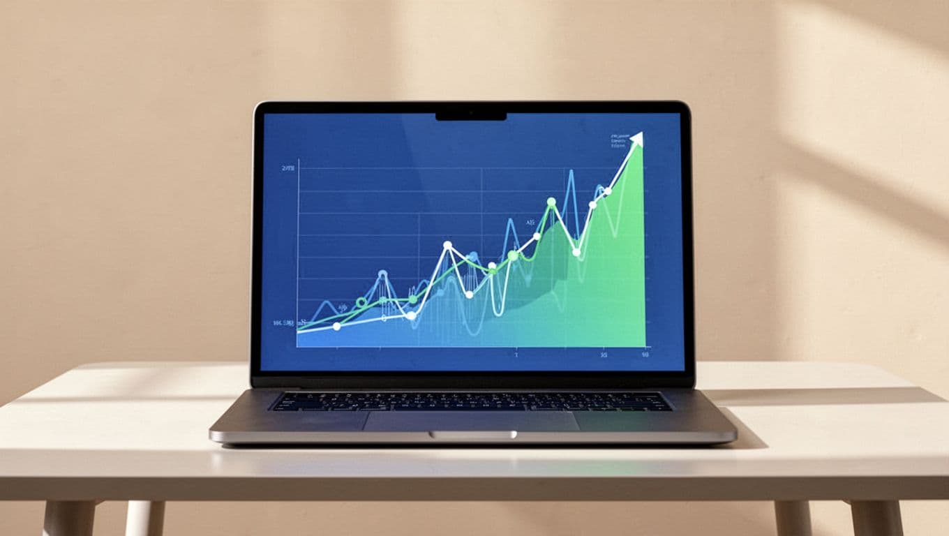 Modern illustration in consistent style: dashboard screen displaying exploding search volume graphs for SaaS tools like AI automation products, simple metrics rising sharply, laptop on table with charts, one laptop only, neutral background, controlled color palette blues greens, no text on screen, no people, strong central composition.