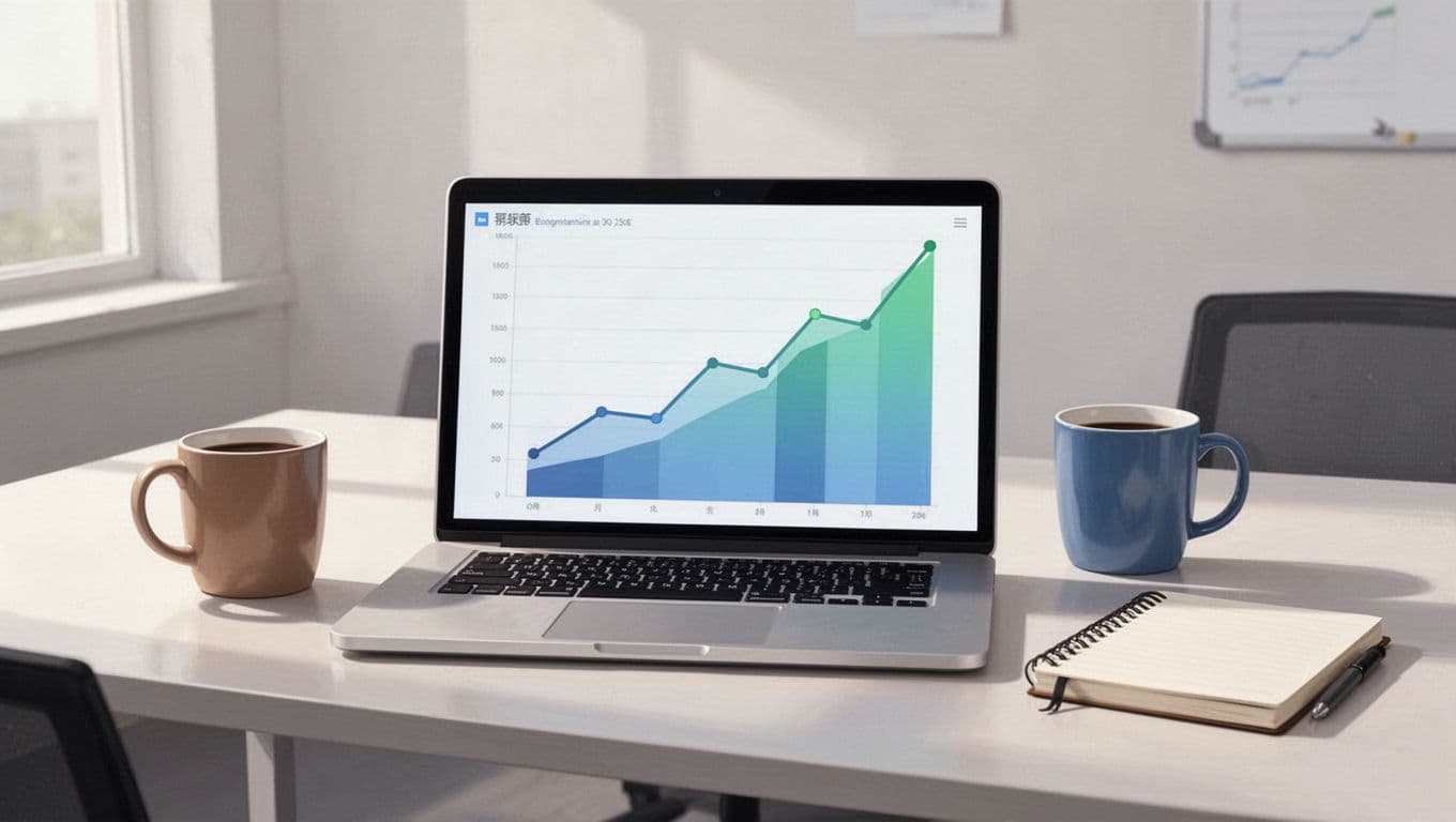 Modern illustration featuring a centered laptop on an office desk displaying upward rising trend graphs showing exploding search growth, accompanied by a coffee mug and notebook, in a clean blue-green palette with no people or text.