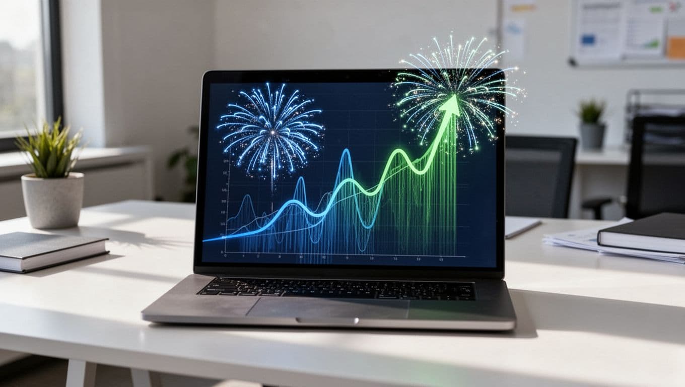 Modern illustration of a graph showing search trends exploding upward like fireworks in a data dashboard on a laptop desk, with clean blue and green shapes and soft office lighting.