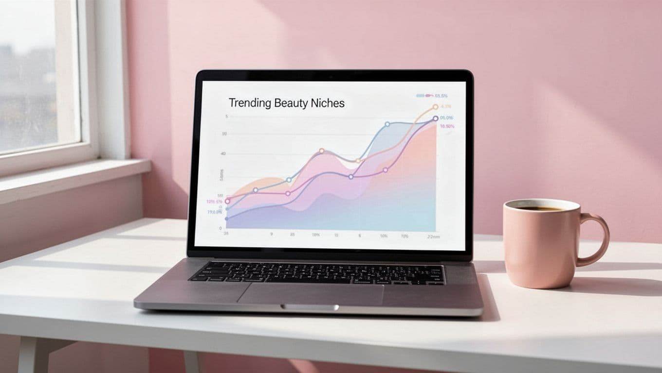 Modern illustration of a laptop screen displaying Exploding Topics dashboard with rising charts for beauty trends like skincare and clean beauty, featuring clean shapes, controlled pastel colors, and strong composition with a coffee mug on the desk.