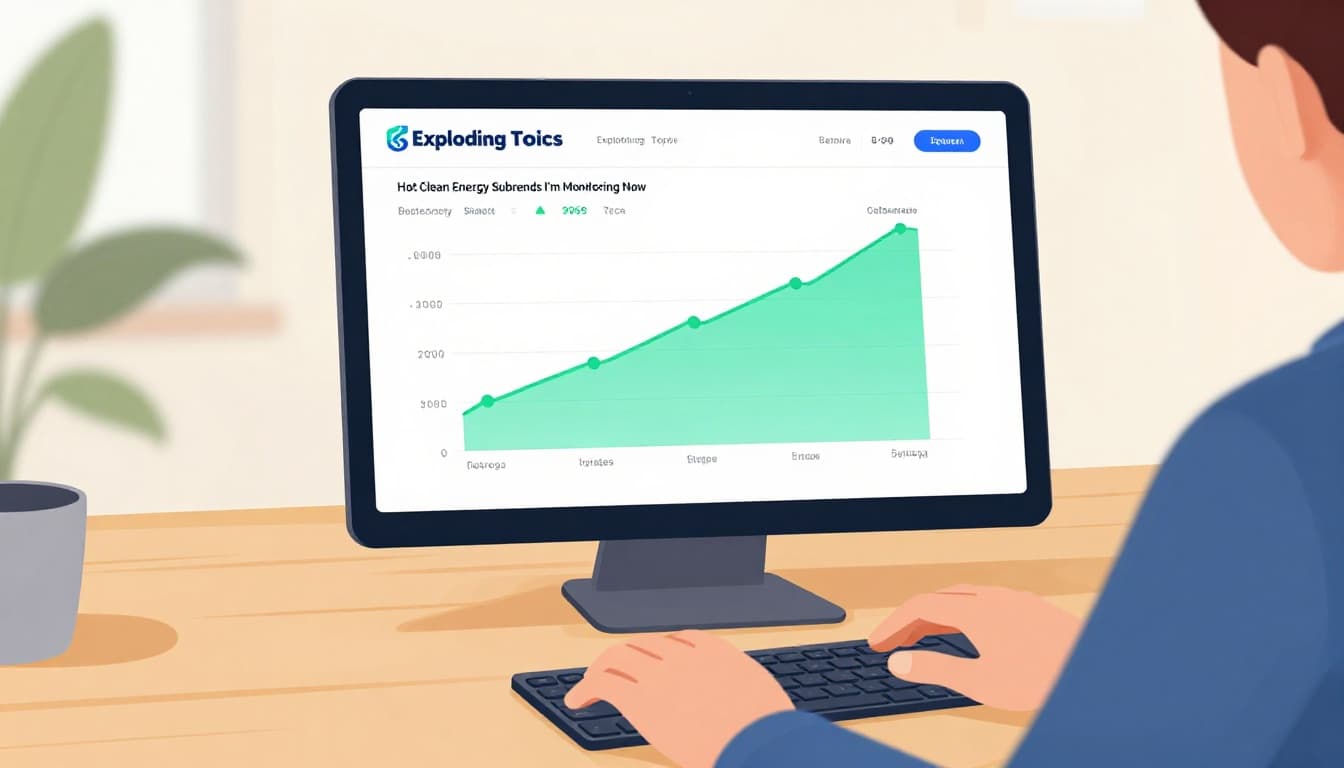 Modern illustration of an Exploding Topics dashboard on a laptop screen showing rising trend graphs for clean energy startups in battery tech, hydrogen, and grid modernization, with an analyst in a bright office.