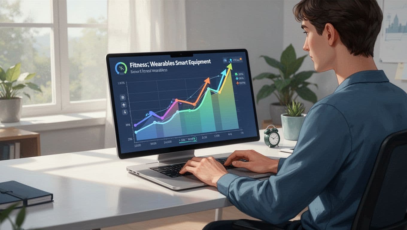 A focused person at a modern desk in a bright home office views the Exploding Topics dashboard on a laptop, showing rising trend graphs for fitness products like wearables and smart equipment.
