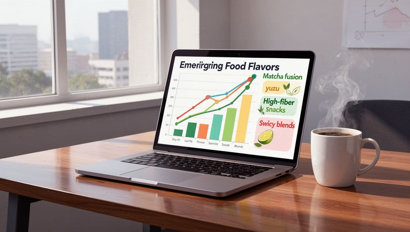 Modern illustration of a laptop screen displaying Exploding Topics dashboard with colorful rising trend graphs for food trends like matcha fusion, yuzu, high-fiber snacks, and swicy flavors on a wooden desk with coffee mug and office window background.