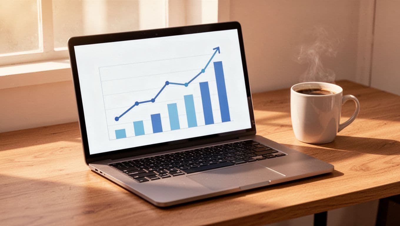 Modern illustration of a laptop screen displaying the Exploding Topics dashboard with rising trend graphs and search volume bars, set on a wooden desk in a cozy office with warm lighting.