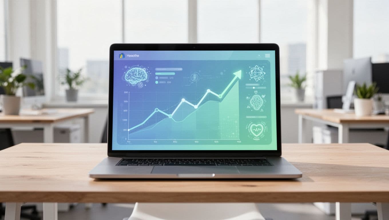 Modern illustration of a laptop screen displaying the Exploding Topics dashboard with rising trend graphs and icons for AI and health tech software trends, on a simple wooden desk in a bright office.