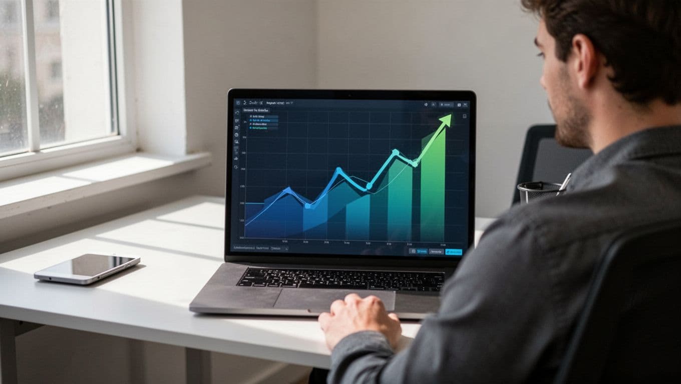 Modern illustration of the Exploding Topics dashboard displaying rising trend graphs for AI and automation app categories on a laptop in a clean office desk setting with one person viewing, soft natural lighting and a controlled blue-green color palette.