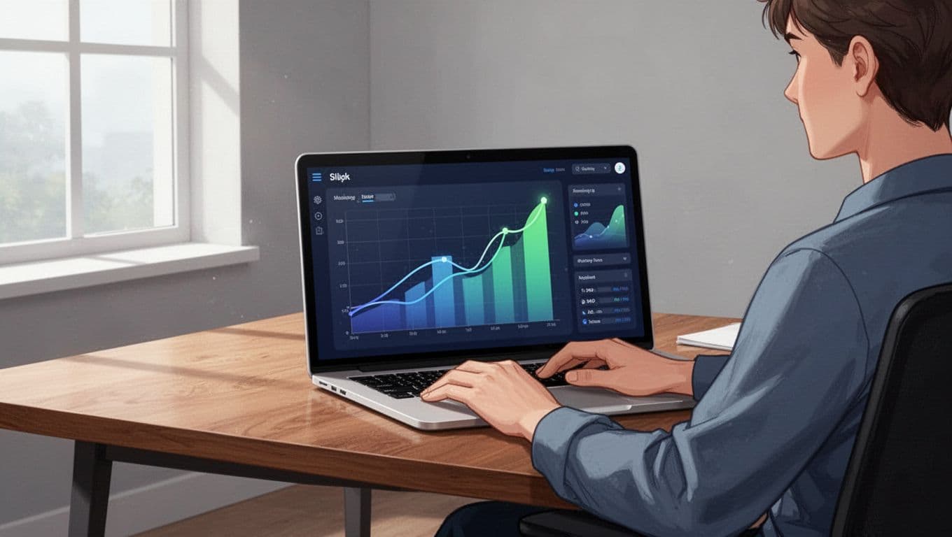 Modern illustration featuring a laptop on a wooden desk in a bright home office, displaying the Exploding Topics dashboard with abstract rising trend line graphs. A single person with relaxed hands views the screen under natural window light, using a clean blues and greens color palette.