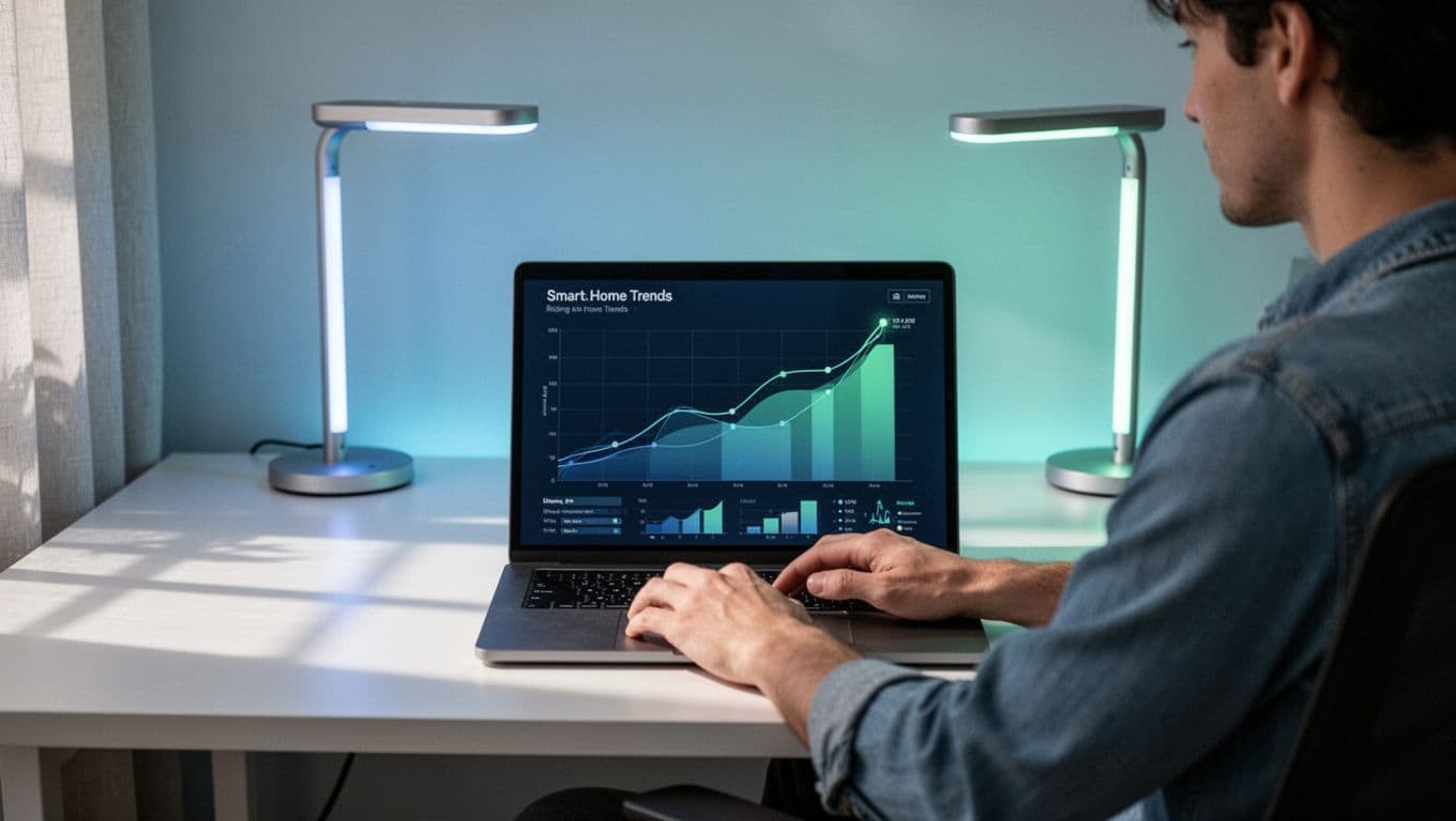 Illustration of a person at a laptop displaying the Exploding Topics dashboard with graphs of rising smart home trends like robot vacuums and smart thermostats, in a modern home office with smart lights.