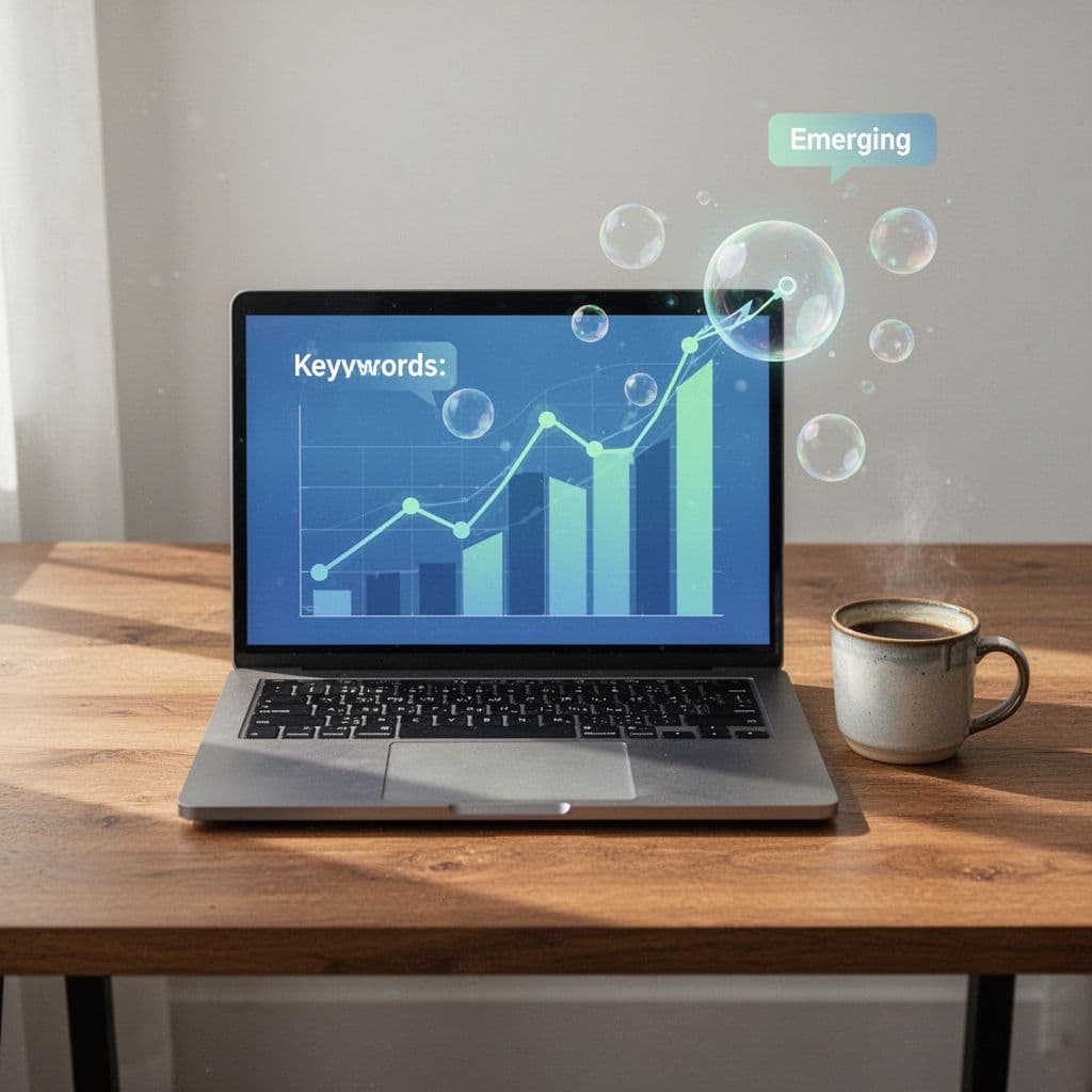 Modern illustration of a laptop centered on a wooden desk with a coffee mug beside it, screen showing abstract rising trend graphs and emerging keyword bubbles from the Exploding Topics dashboard. Features clean shapes, blues and greens palette, strong composition, and soft natural lighting in square aspect ratio.