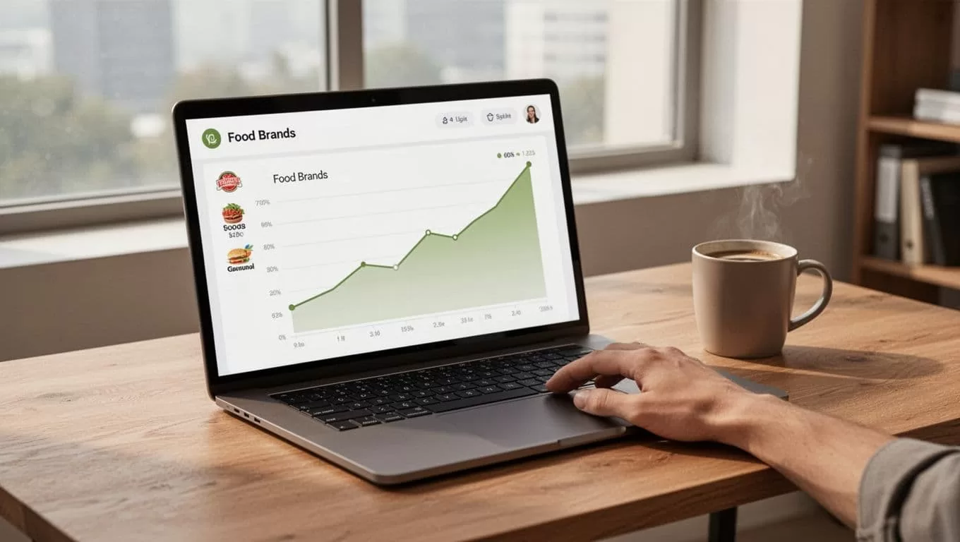 Modern illustration featuring a laptop screen displaying the Exploding Topics dashboard with upward trend graphs for food brands, positioned on a wooden desk with a coffee mug nearby and one hand on the mouse. Soft natural light filters through an office window in the background.