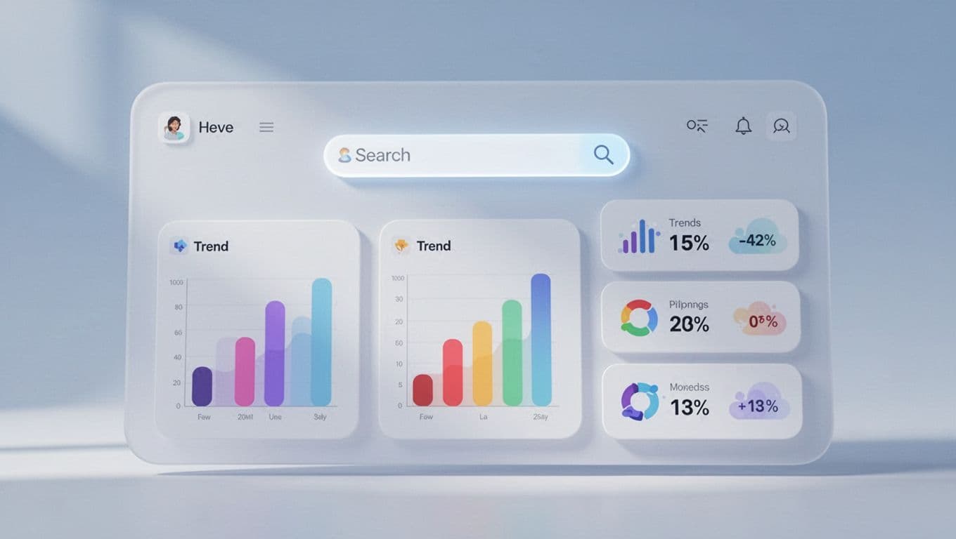 Modern illustration of Exploding Topics interface dashboard with search bar for water conservation technology, list of exploding trends with growth percentages, clean blues and whites UI elements focused on key metrics.
