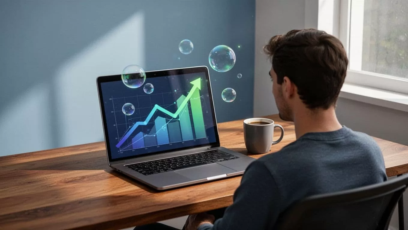 Modern illustration of a laptop on a wooden desk displaying the Exploding Topics dashboard with upward trending graphs and emerging topic icons, viewed from behind by one person, accompanied by a coffee mug and soft window lighting in blues and greens.