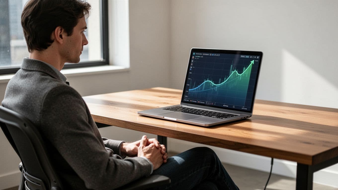 Modern illustration of a person seated at a wooden desk, viewing a laptop displaying the Exploding Topics dashboard with upward-trending graphs for financial topics like crypto and AI finance, in a clean blue-green palette.
