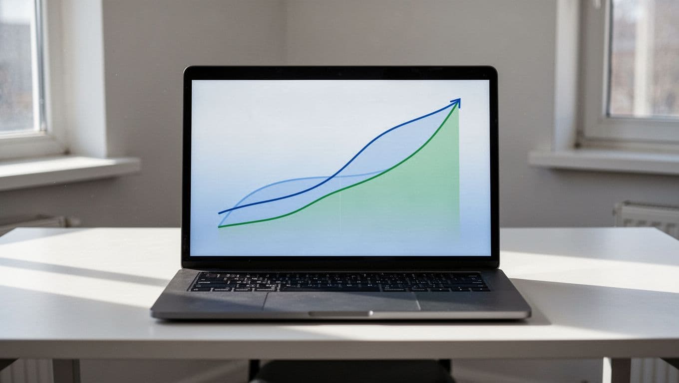 Modern illustration of a trend comparison chart overlaying Exploding Topics data with Google Trends graph, featuring one line exploding upward and others steady, on a simple desk view with centered laptop screen, clean shapes in blue-green palette, no text.