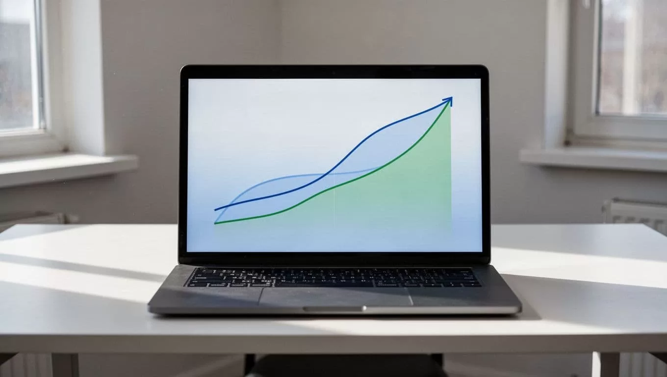 Modern illustration of a trend comparison chart overlaying Exploding Topics data with Google Trends graph, featuring one line exploding upward and others steady, on a simple desk view with centered laptop screen, clean shapes in blue-green palette, no text.