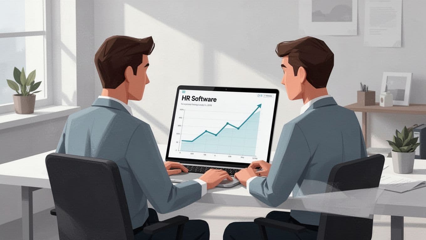 Modern illustration depicts a person at a desk browsing the Exploding Topics website on a laptop, spotting rising HR software trends via a graph on screen in a clean office with natural lighting.