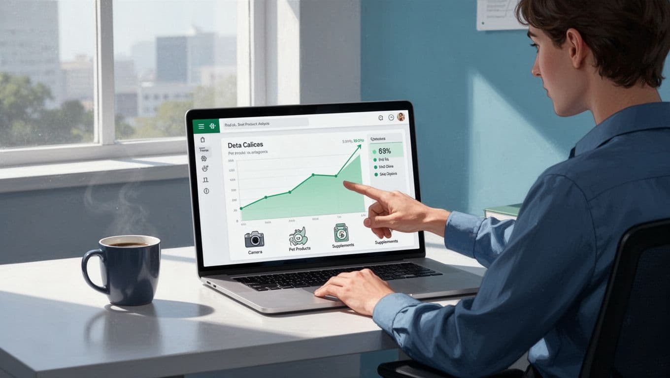 Modern illustration of a laptop displaying Exploding Topics dashboard with graphs of rising pet trends like cameras and supplements, person pointing at screen on a clean office desk.