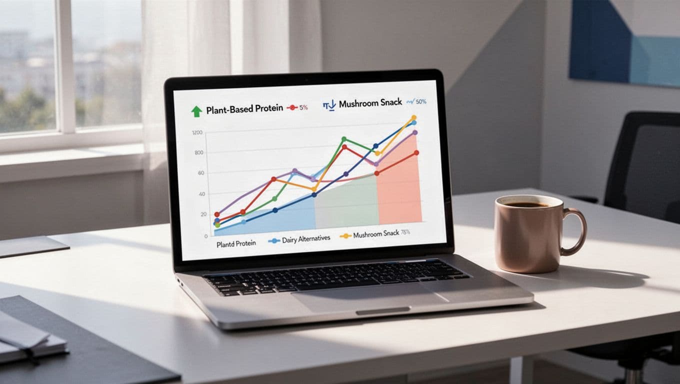 Modern illustration of a laptop screen displaying Exploding Topics dashboard with rising line graphs for plant-based protein, dairy alternatives, and mushroom snacks trends on an office desk.