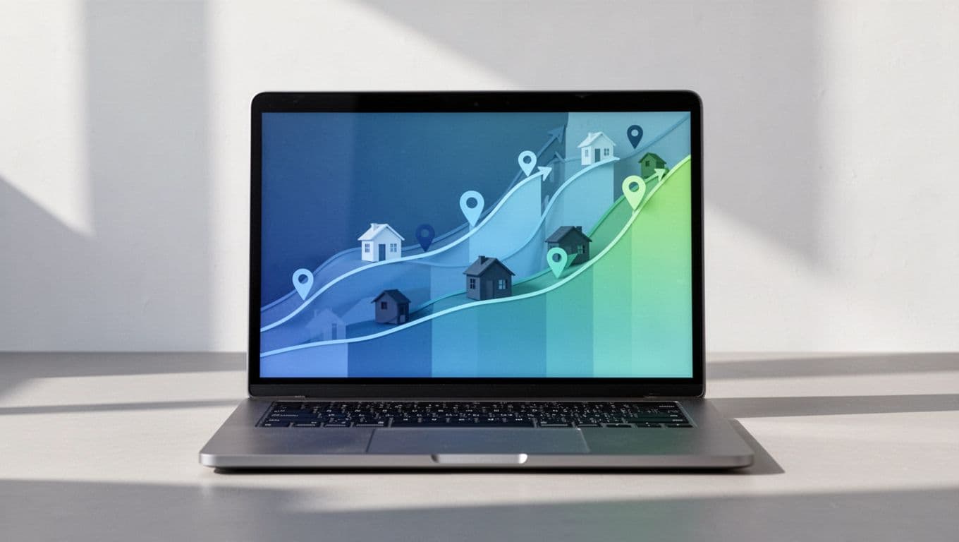 Modern illustration of a centered laptop displaying a dashboard with rising line graphs of real estate search trends in cities like Indianapolis, Hartford, and Rochester, featuring subtle house icons and map pins in blues and greens.