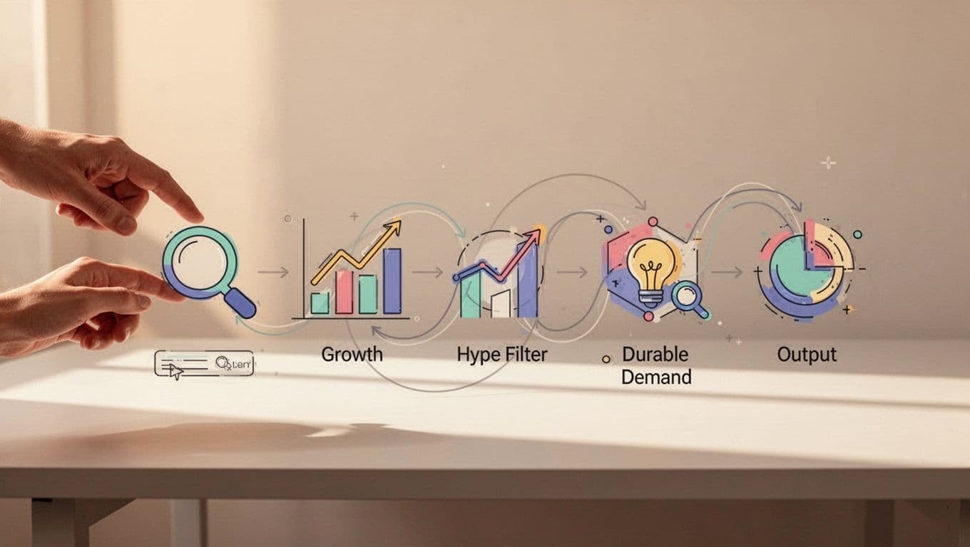 Modern illustration in consistent style: flowchart showing steps to analyze recruitment trends with Exploding Topics tool, icons for search input growth charts hype filter durable demand output, simple desk setup one hand pointing, landscape view warm lighting clean shapes controlled palette, no text no extra elements no people visible.