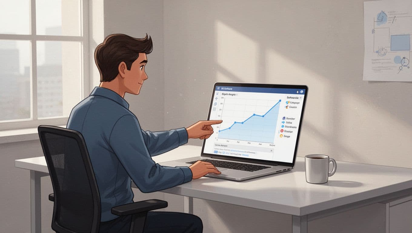 Modern illustration of a laptop screen showing a rising trend graph for trending software categories on the Exploding Topics dashboard, with one person pointing at the screen on a clean office desk with coffee mug.