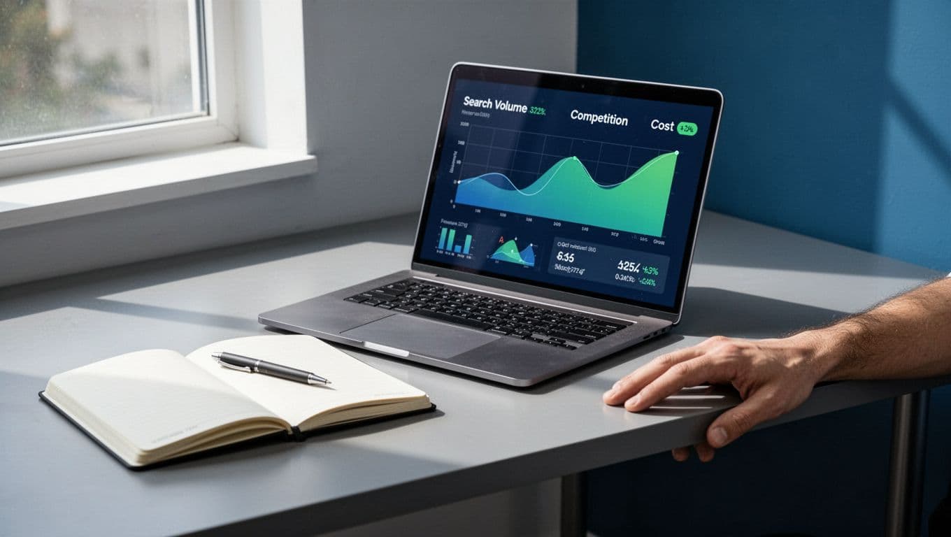 Modern illustration featuring a laptop screen displaying search volume graphs, low competition keywords, and CPC metrics from Exploding Topics, with a notebook, pen, and relaxed hand on a desk under soft office lighting.