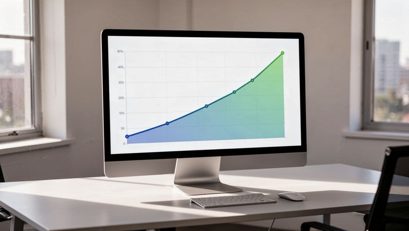 Modern illustration of a computer screen in a clean office displaying the Exploding Topics dashboard with a simple line chart graph in blues and greens showing steadily rising search volume history over months, soft natural light, no extra elements.