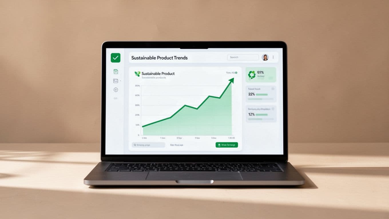 Modern illustration of a centered laptop screen displaying the Exploding Topics dashboard with a sharply rising graph for sustainable products trends, featuring clean shapes, controlled colors, strong composition, and neutral tones.