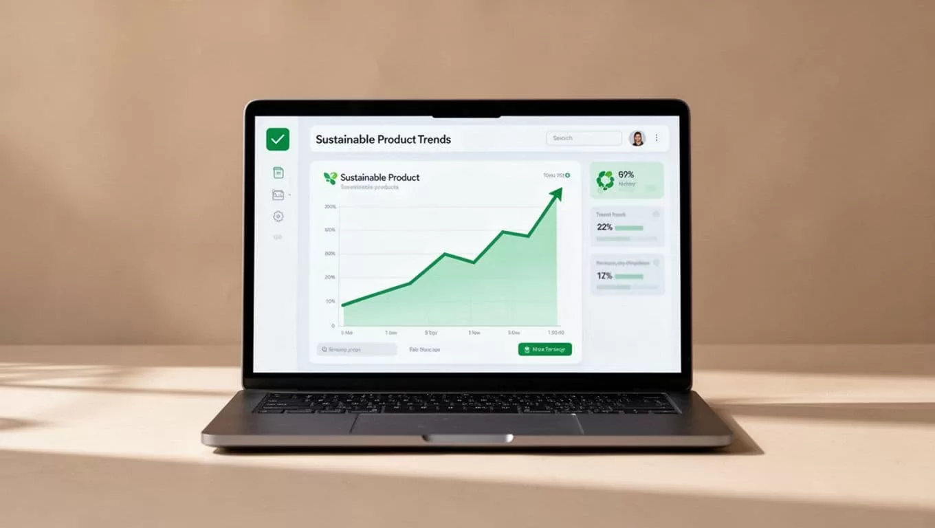 Modern illustration of a centered laptop screen displaying the Exploding Topics dashboard with a sharply rising graph for sustainable products trends, featuring clean shapes, controlled colors, strong composition, and neutral tones.