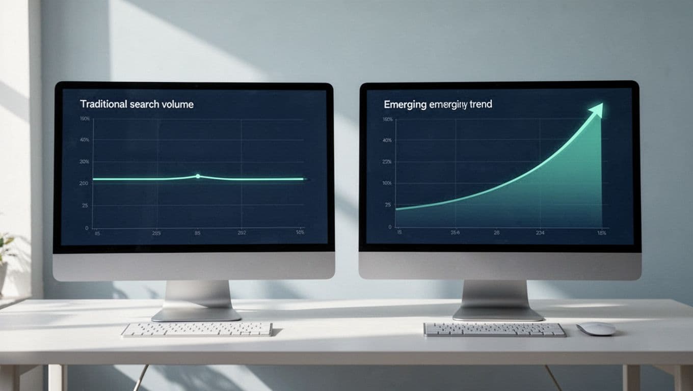 Modern blue-green illustration of two side-by-side dashboard screens on a desk: left shows flat line for traditional search volume, right displays exploding upward curve for emerging trends.