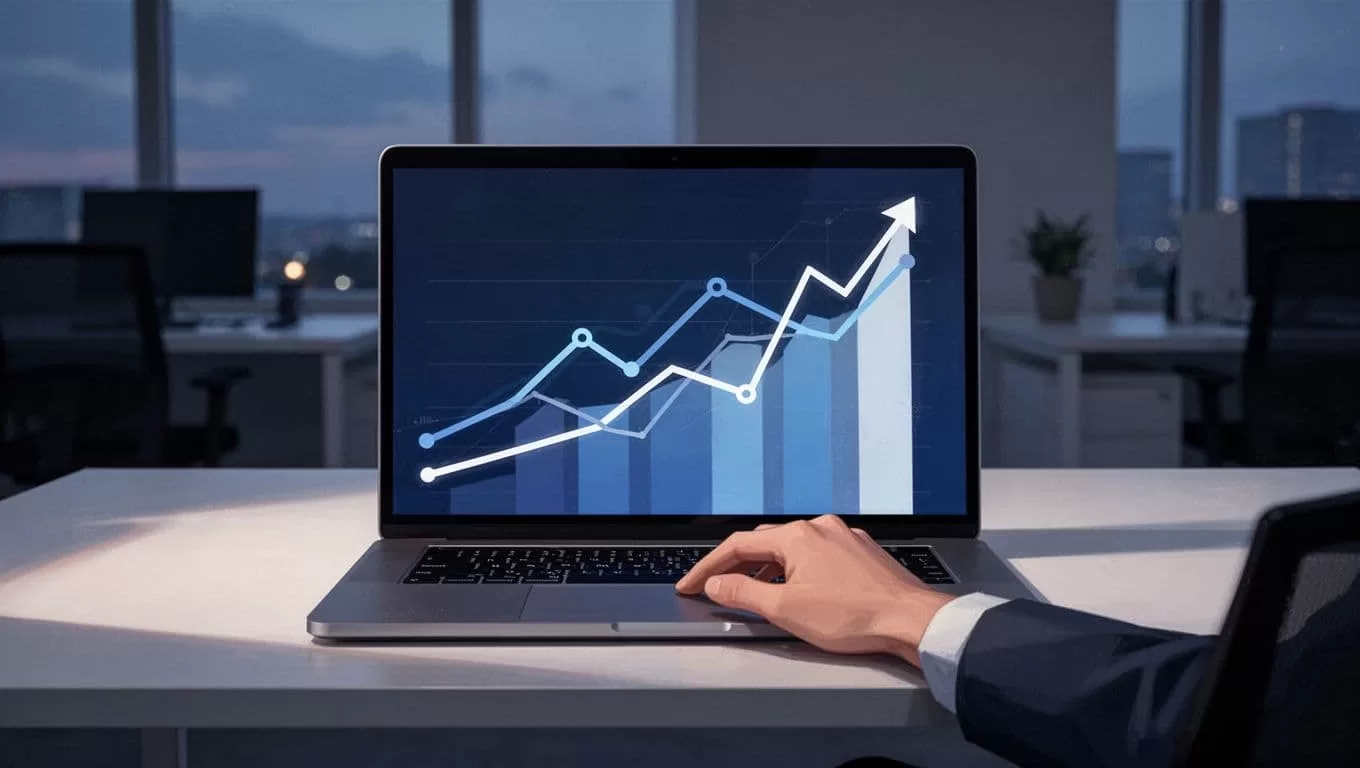 Modern illustration featuring a computer screen on a desk displaying the Exploding Topics dashboard with rising trend graphs for water purification and PFAS technologies, set in a dim evening office with a relaxed hand near the keyboard.