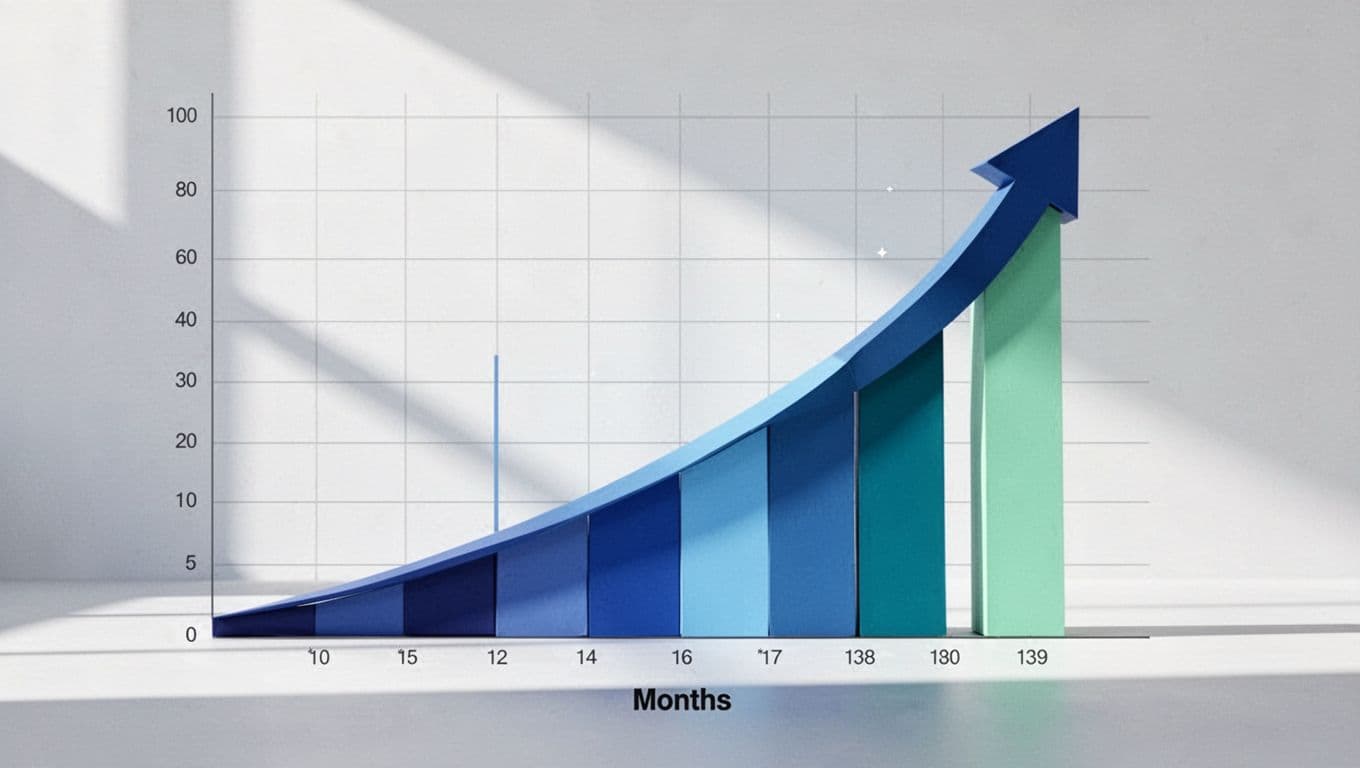 Illustration of a steep upward growth curve depicting an exploding topic trend, with the line surging dramatically from low to high over months on a simple background with implied data points and axes.