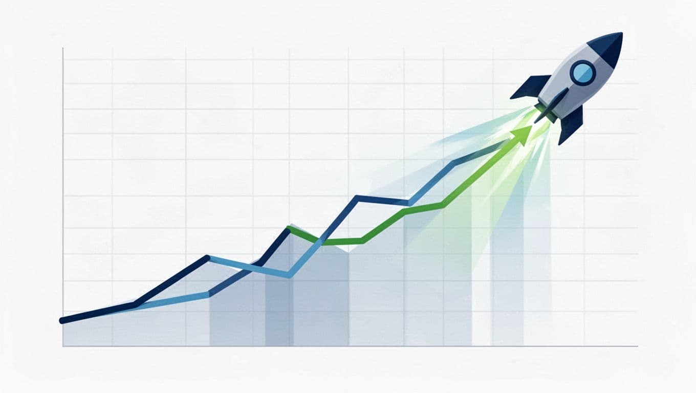 Modern illustration featuring a clean line chart with explosive upward growth curve for search interest over time, rendered in blues and greens on a white background with subtle grid and rocket-like trajectory.